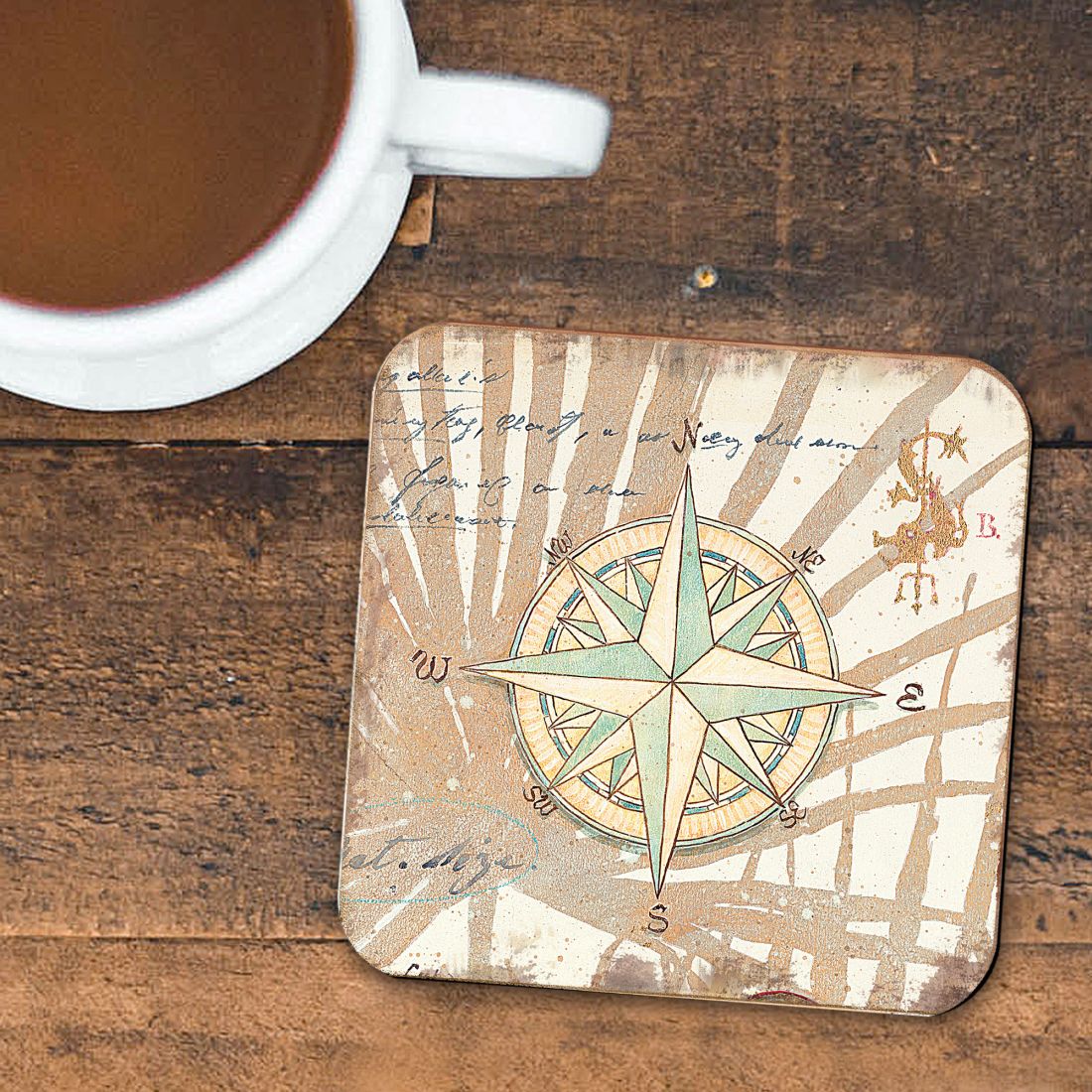 Compass Coastal Wooden Cork Coasters Gift Set of 4 by Nature Wonders - Coastal Sea-Life Decor - 8198620C-S4