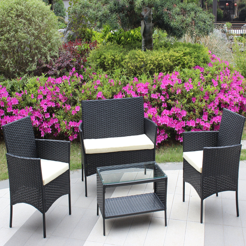 4 PC Rattan Patio Furniture Set Outdoor Cushioned Wicker Sofa