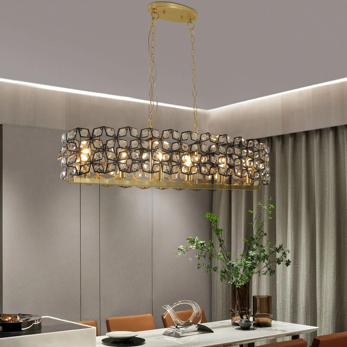 39" Contemporary Crystal and Black-Gold Pendant Chandelier