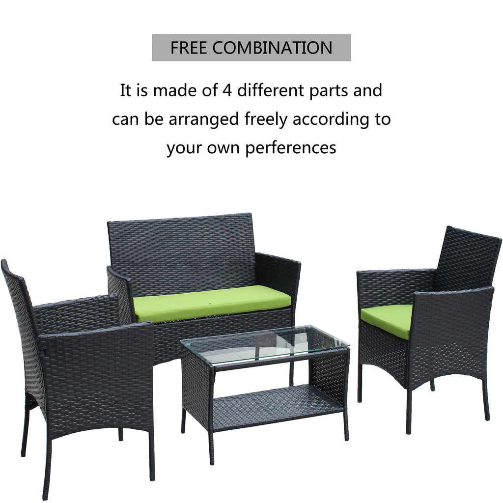 4 PC Rattan Patio Furniture Set Outdoor Cushioned Wicker Sofa Green Cushion