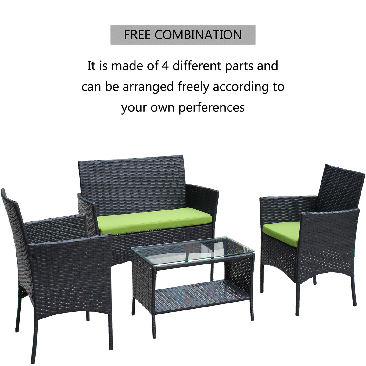 4 PC Rattan Patio Furniture Set Outdoor Cushioned Wicker Sofa Green Cushion