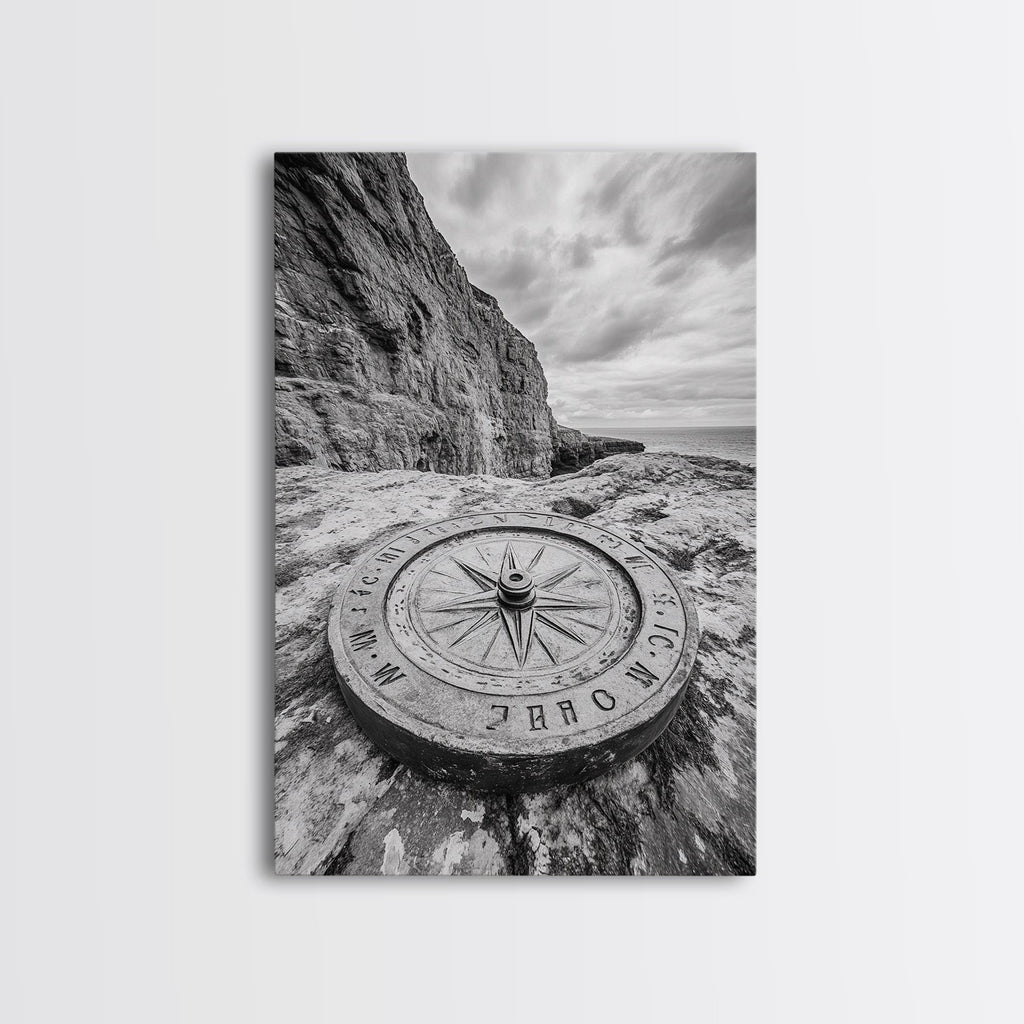 Compass On Cliff, Adventure Travel Art, Nautical Wall Decor, Framed Canvas Print, Rustic Office Art, Nature Explorer Gift Idea