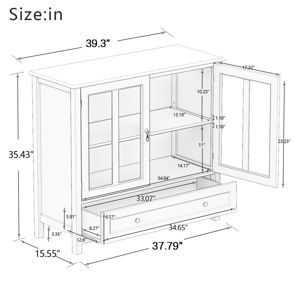 Buffet Storage Cabinet with Double Glass Doors and Bell Handle - White