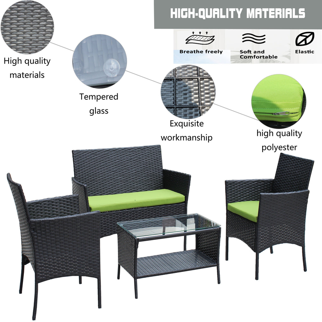 4 PC Rattan Patio Furniture Set Outdoor Cushioned Wicker Sofa Green Cushion