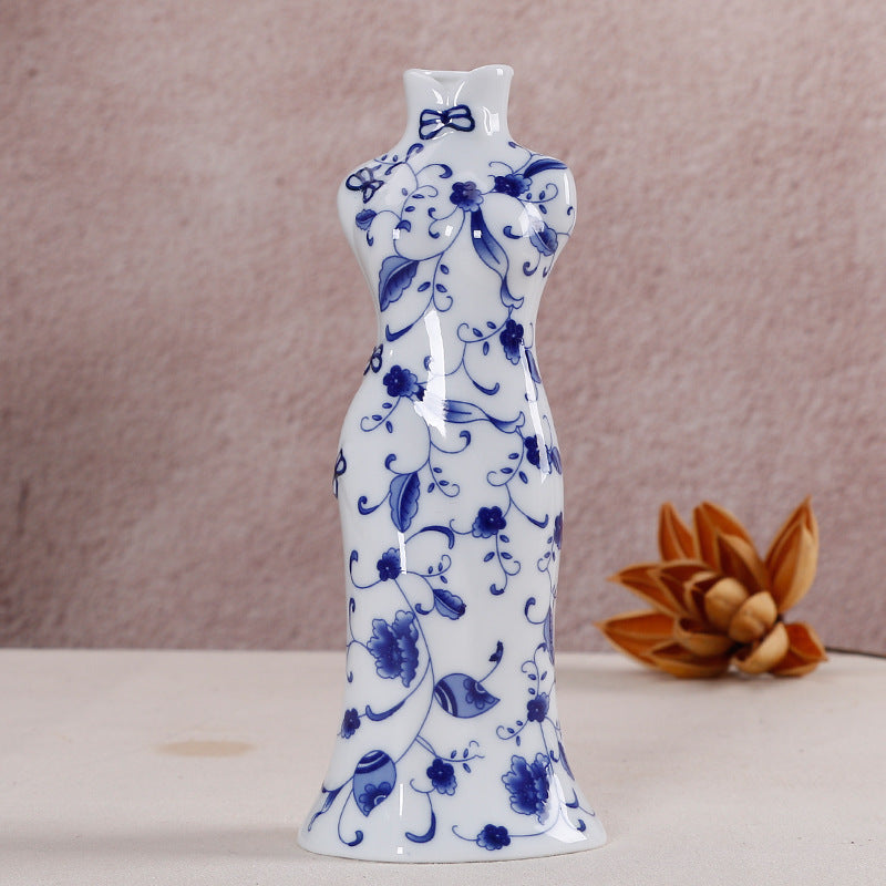 Ceramic ornaments blue and white porcelain mini vases cheongsam flower arrangements living room home decorations