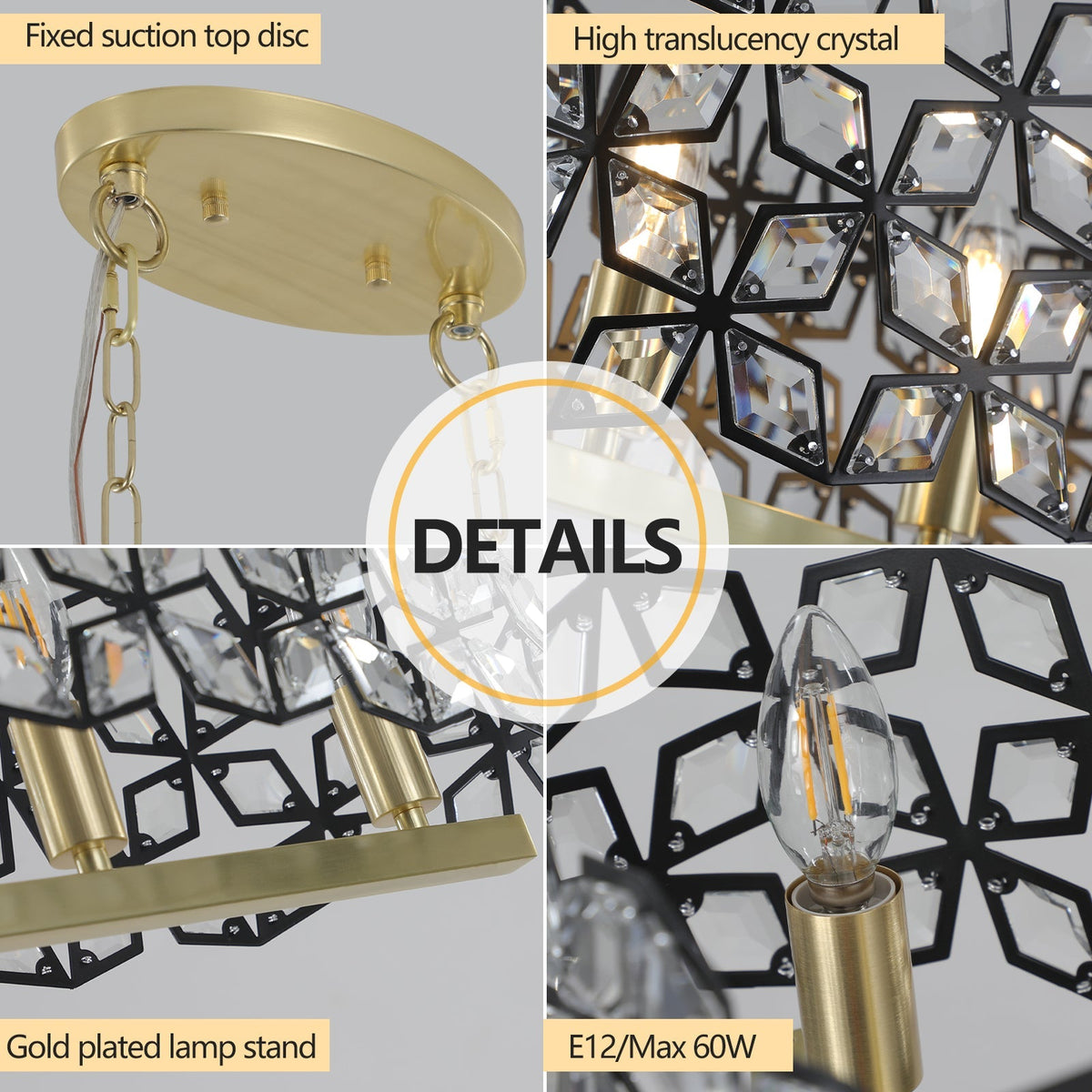 39" Contemporary Crystal and Black-Gold Pendant Chandelier