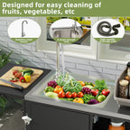 Outdoor Grill Table With Sink, Worktable Kitchen Cabinet Island With Wheels & Foldable Top - Black
