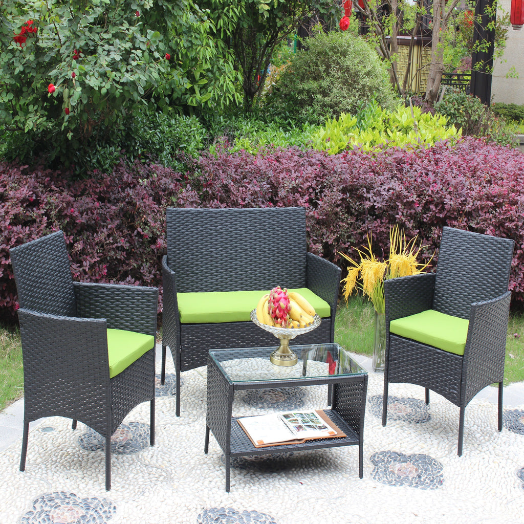 4 PC Rattan Patio Furniture Set Outdoor Cushioned Wicker Sofa Green Cushion