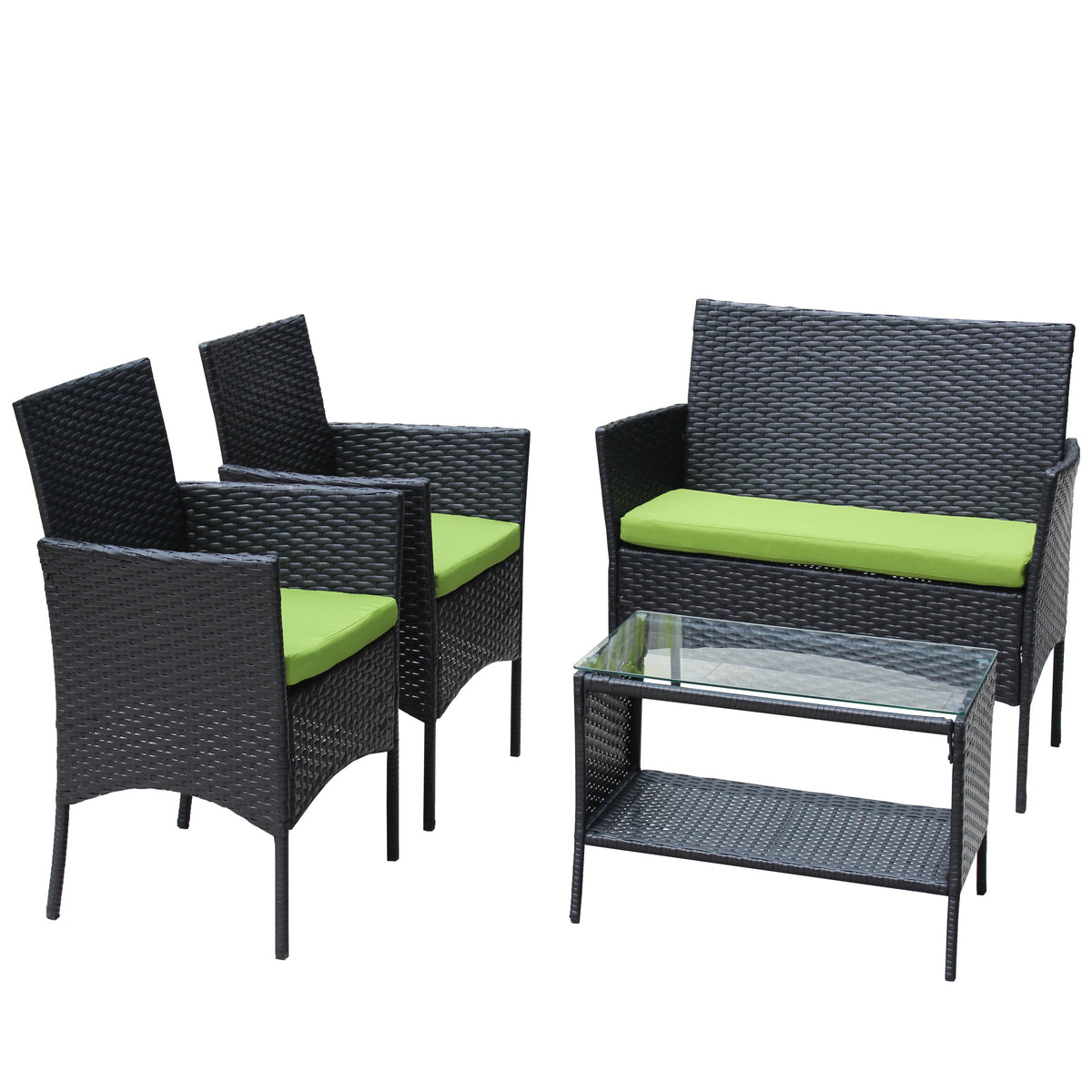 4 PC Rattan Patio Furniture Set Outdoor Cushioned Wicker Sofa Green Cushion