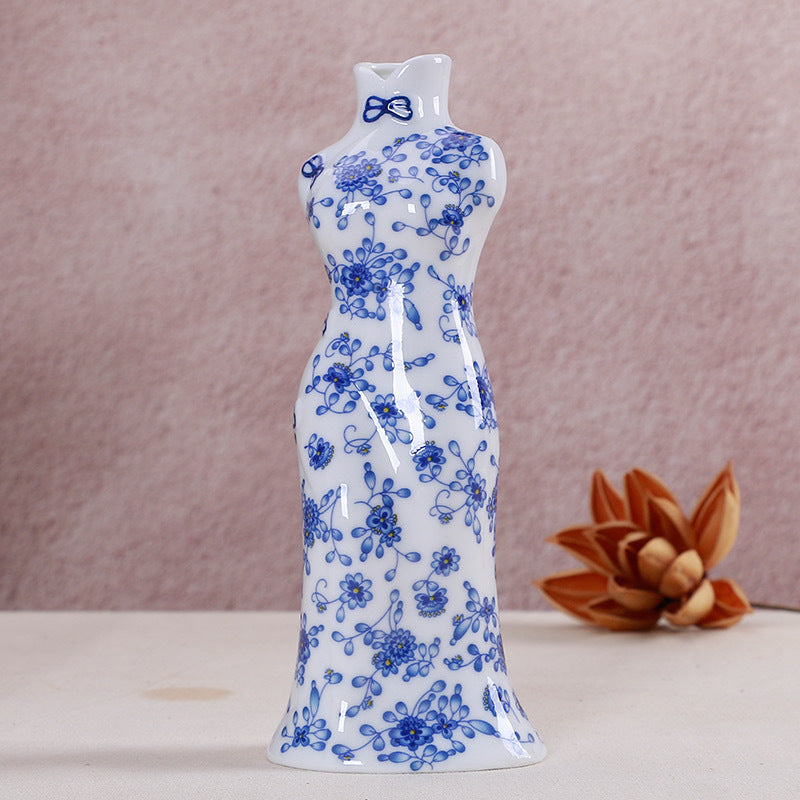 Ceramic ornaments blue and white porcelain mini vases cheongsam flower arrangements living room home decorations
