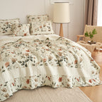 DaDalogy Enchanted Meadow Bed in a bag Set - Victoria Garden Delicate Floral Symphony in Beige, Rose, and Soft Green, Luxuriously Soft Quilted Set