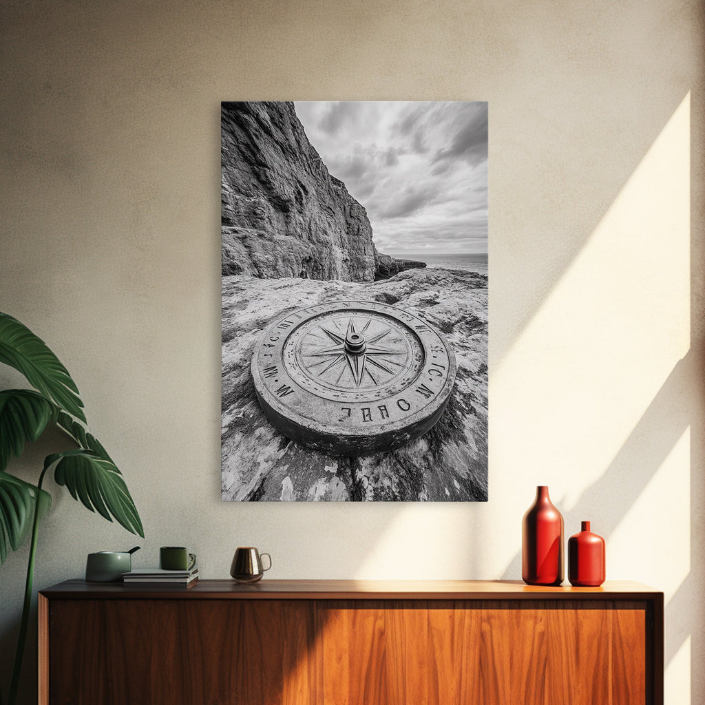 Compass On Cliff, Adventure Travel Art, Nautical Wall Decor, Framed Canvas Print, Rustic Office Art, Nature Explorer Gift Idea