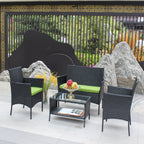 4 PC Rattan Patio Furniture Set Outdoor Cushioned Wicker Sofa Green Cushion