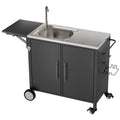 Outdoor Grill Table With Sink, Worktable Kitchen Cabinet Island With Wheels & Foldable Top - Black