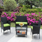 4 PC Rattan Patio Furniture Set Outdoor Cushioned Wicker Sofa Green Cushion