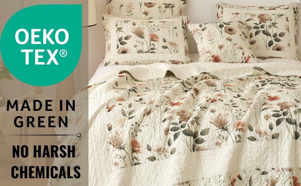 DaDalogy Enchanted Meadow Bed in a bag Set - Victoria Garden Delicate Floral Symphony in Beige, Rose, and Soft Green, Luxuriously Soft Quilted Set
