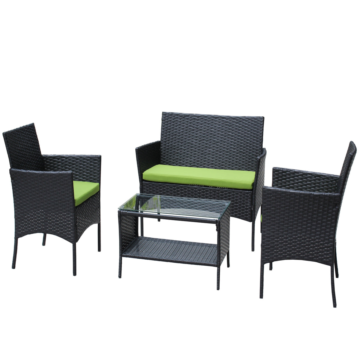4 PC Rattan Patio Furniture Set Outdoor Cushioned Wicker Sofa Green Cushion