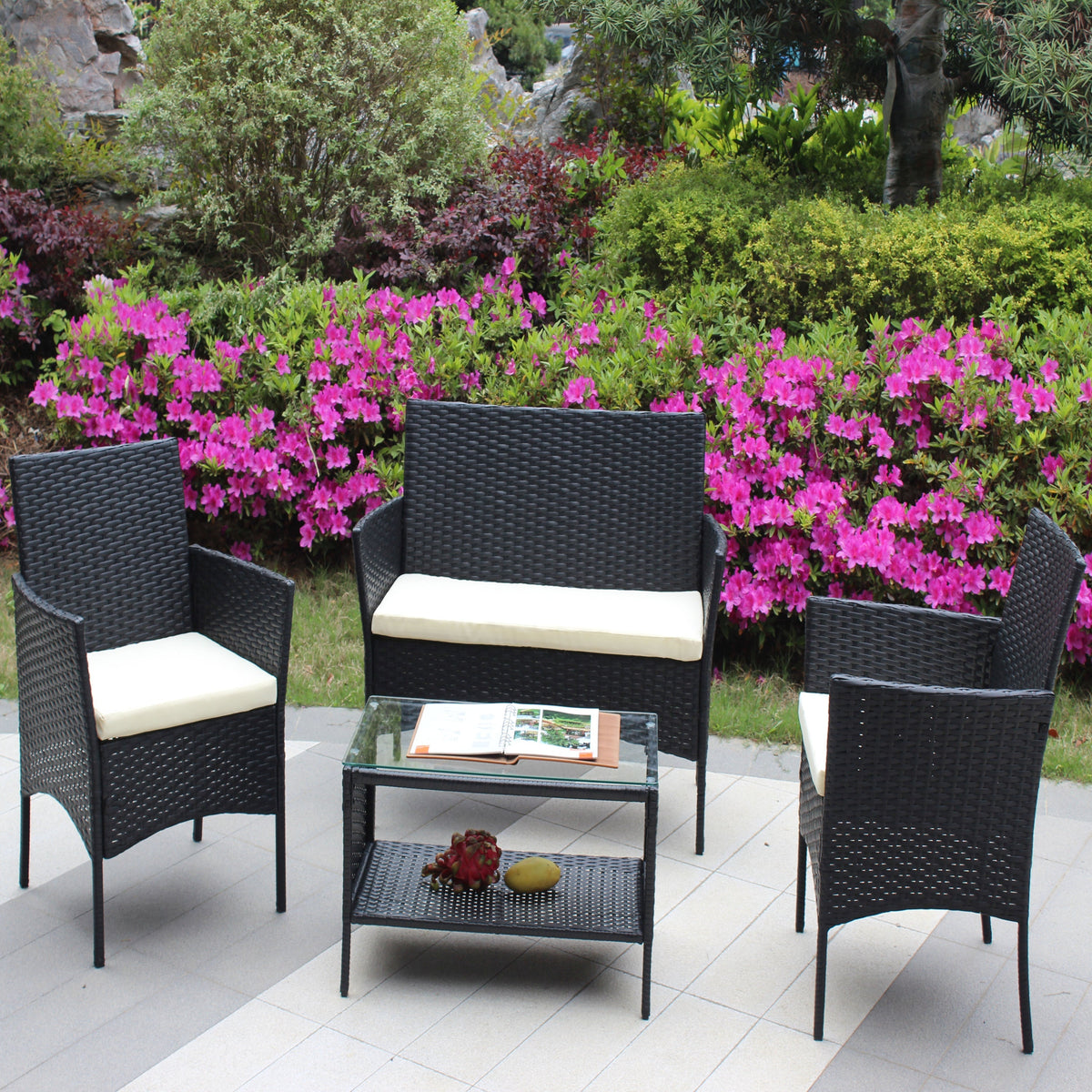 4 PC Rattan Patio Furniture Set Outdoor Cushioned Wicker Sofa